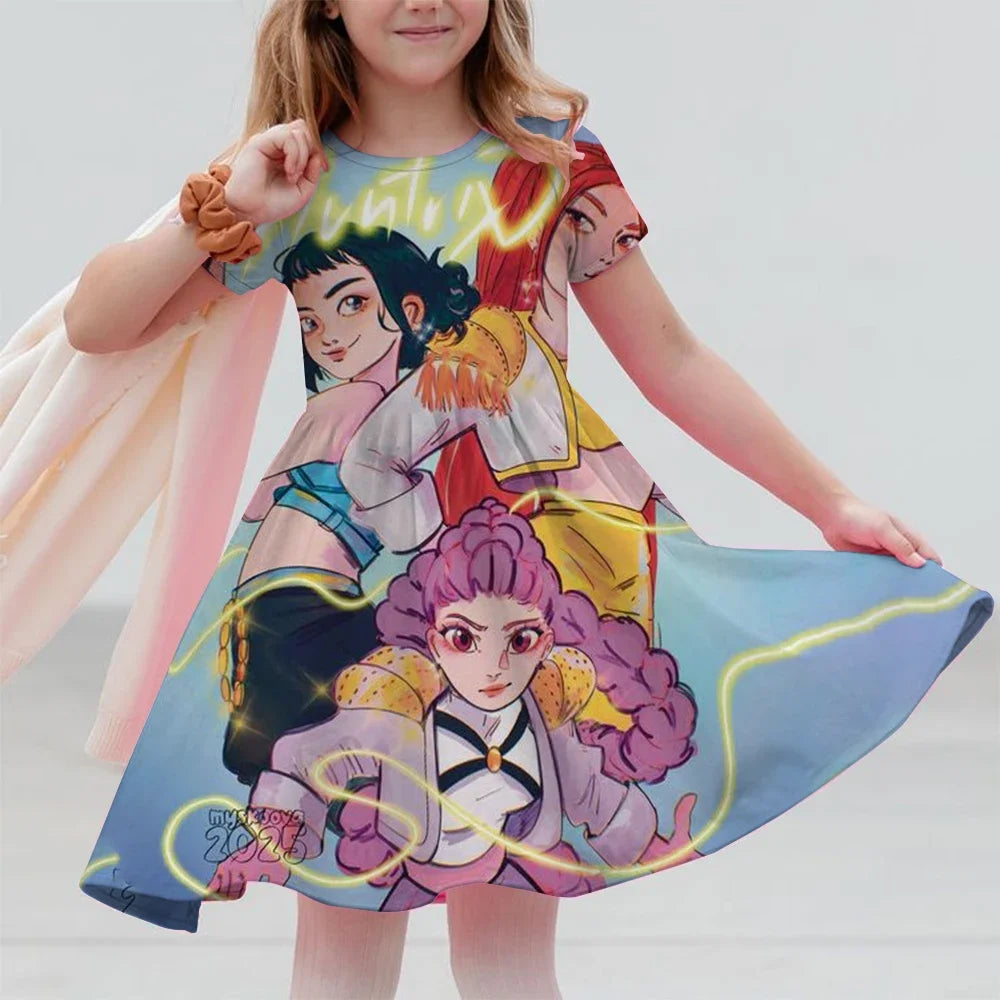 Girls Dresses Summer Casual Kids Dress For Girls KPop Demon Hunters Huntrix Toddlers Clothes Children Dress 3-14