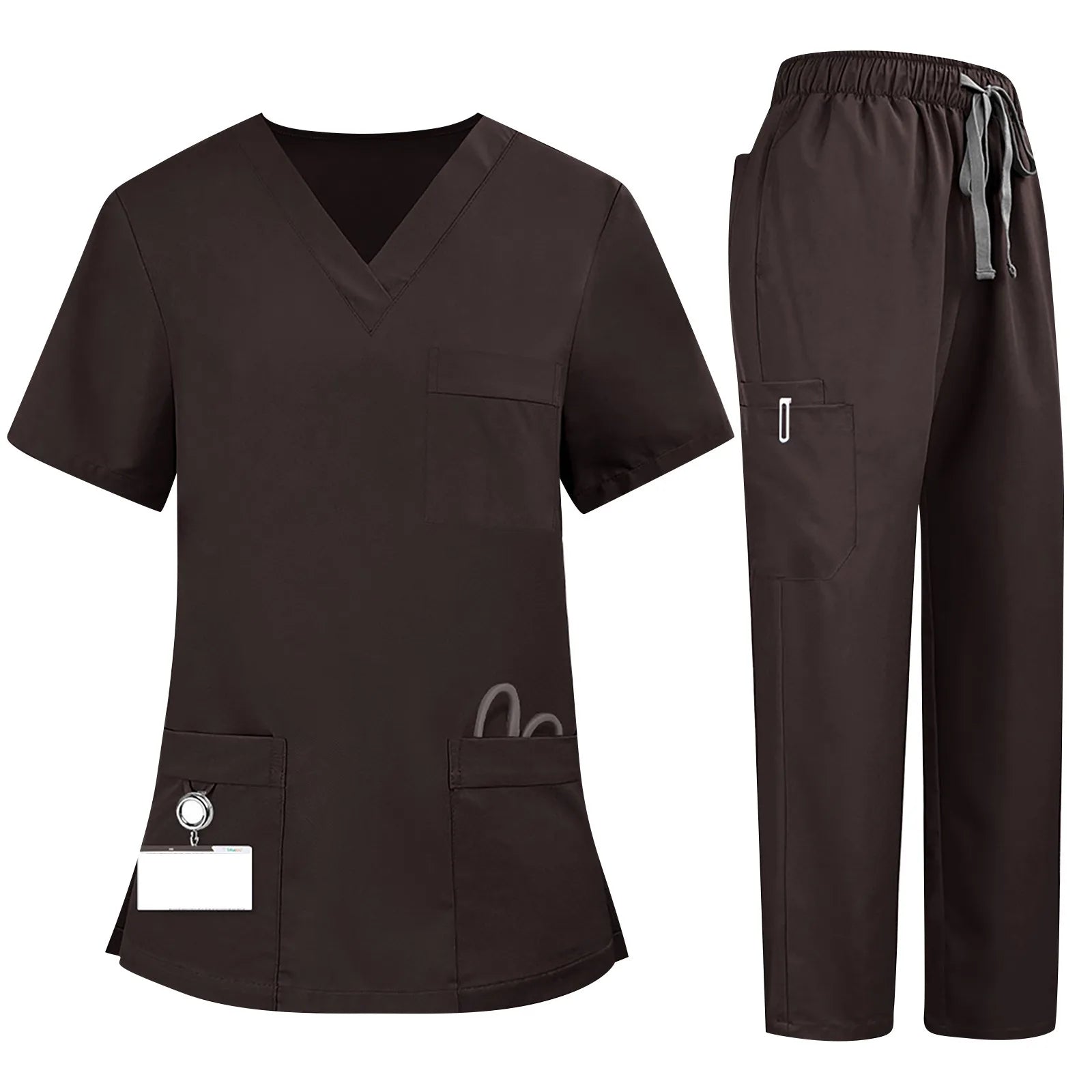 Plus Size Women'S Nurse Uniform Quick-Drying Fabric Solid Color V-Neck Pocket Short-Sleeved Trousers Suit Nursing Uniform Suit