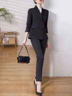 Peak Lapel Single-Vent Suit Set, Double-Breasted Long-Sleeve Solid-Color Office Smart Casual Pantsuit