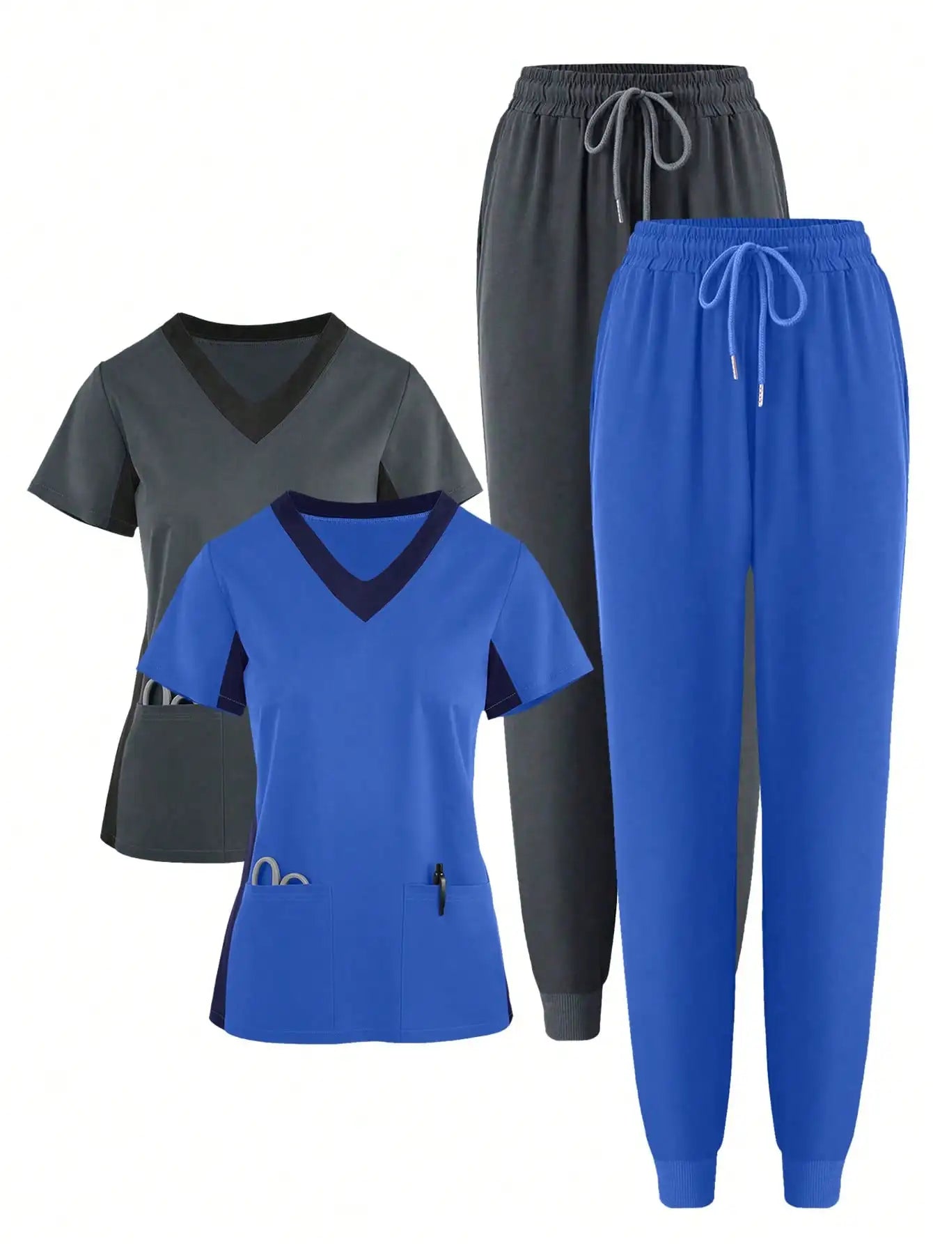 (4-piece Set)Scrubs Uniform Women's Jogging Brushed Elastic Sport Nurse Medical Uniform Scrub Top Work Suit Breathable Scrub Set