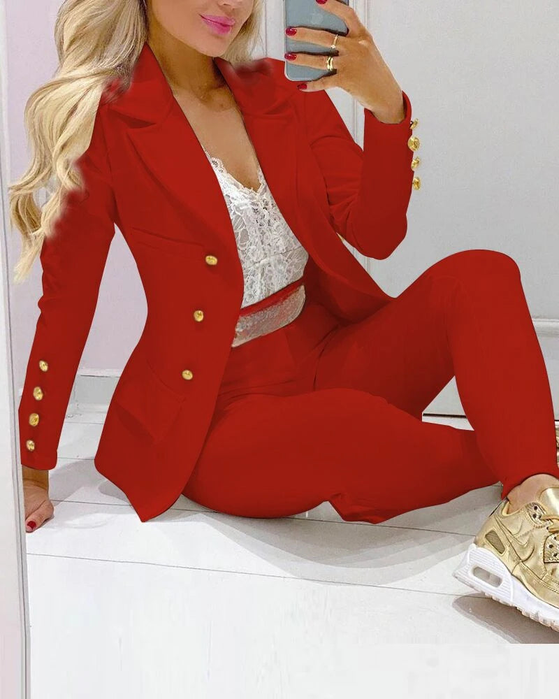 Women Two Pieces Pant Sets Formal Business Double Breasted Blazers Jacket Pants 2 Piece Set Elegant Ladies Suits Office Lady