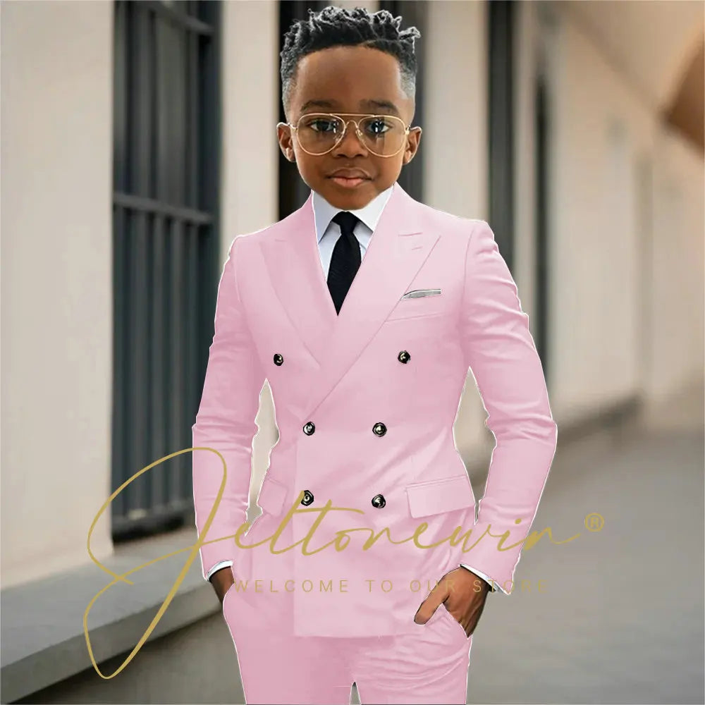 Boy's Beige Suit Set Double Breasted Blazer Pants 2 Pieces Classic kids Wedding Tuxedos Children Party Suits outfits