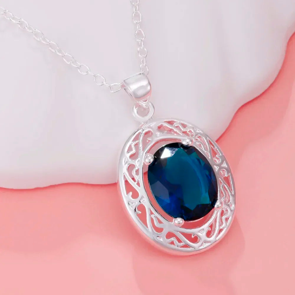 Hot sales 925 Sterling Silver creative Blue Crystal Oval Necklaces rings For Women Fashion streetwear Jewelry Set Wedding Gifts