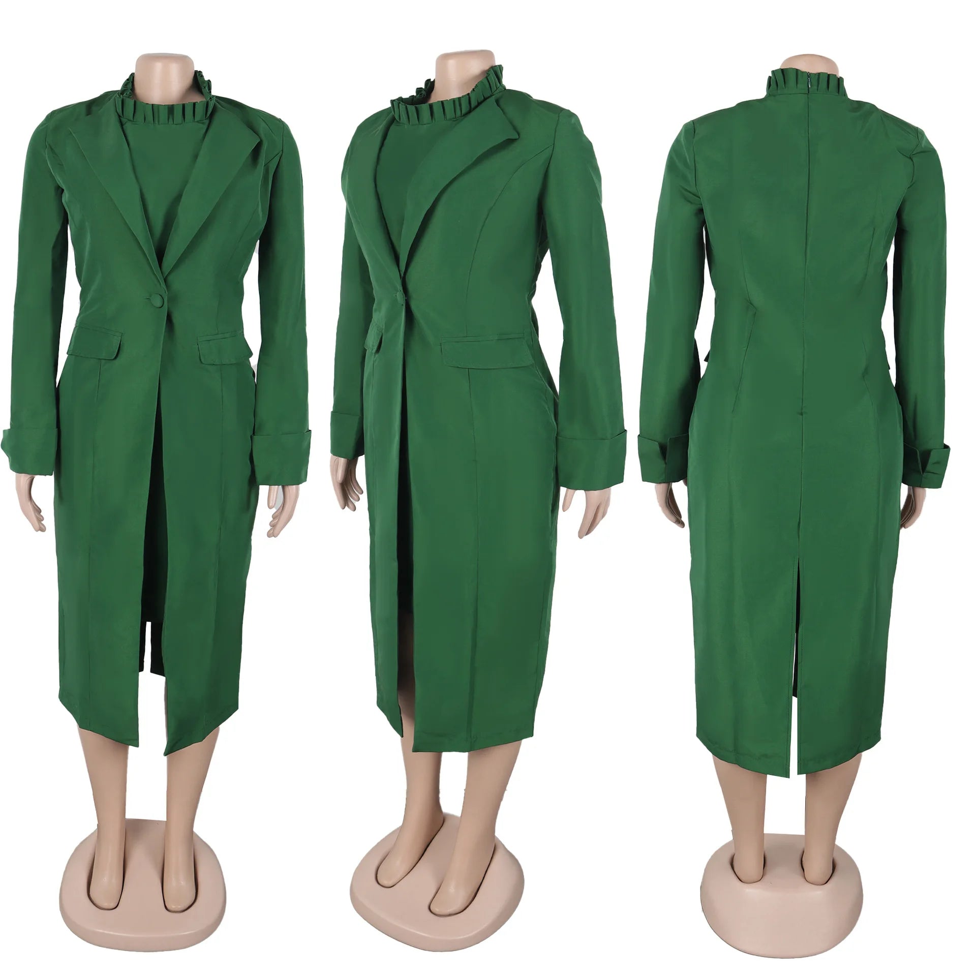 HLJ High Quality Elegant Office Lady Blazer Two Piece Sets Women Lapel Long Sleeve Coat And Slim Dress Outfit Female Clothing