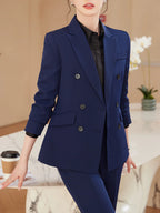 Peak Lapel Single-Vent Suit Set, Double-Breasted Long-Sleeve Solid-Color Office Smart Casual Pantsuit