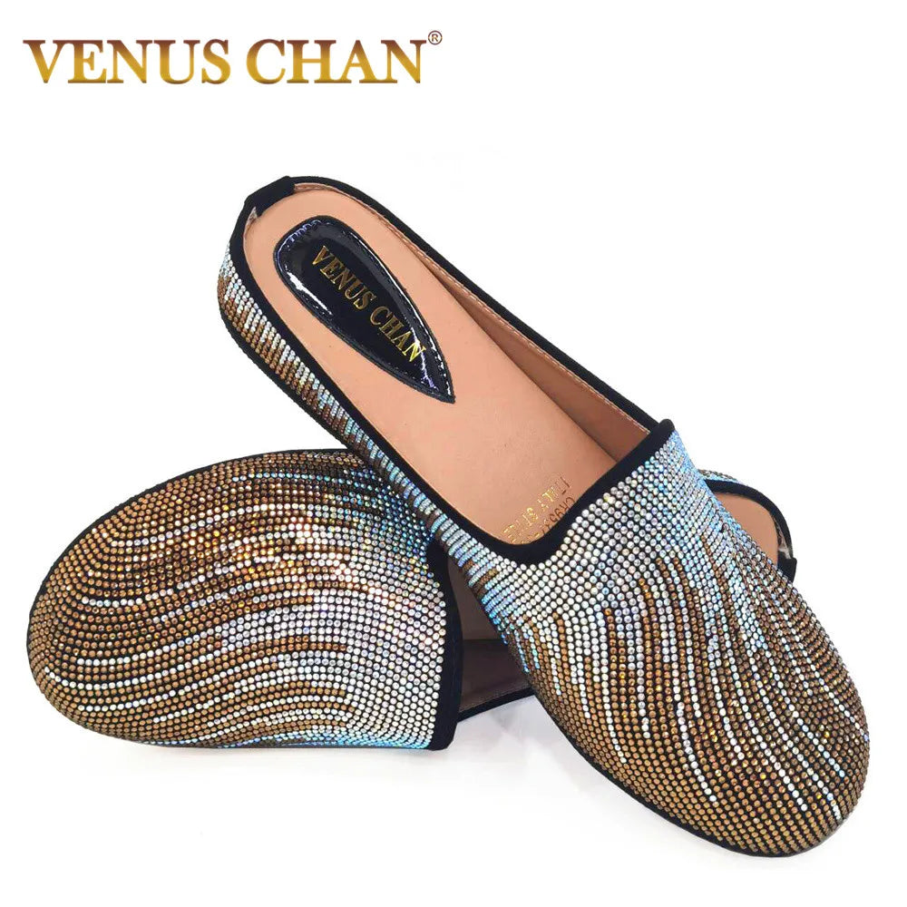 Venus Chan Elegant Flat Shoes for Woman Fashion Comfortable Party Slippers 2024 Latest Design Nigeria Gold Color Half Shoes