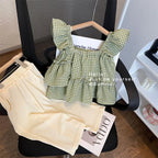 Kids Clothes for 3-7 Years Old Girls Set Baby Plaid Camisole Vest Top + Wide Leg Trousers Two-piece Summer Girls Loose Clothing