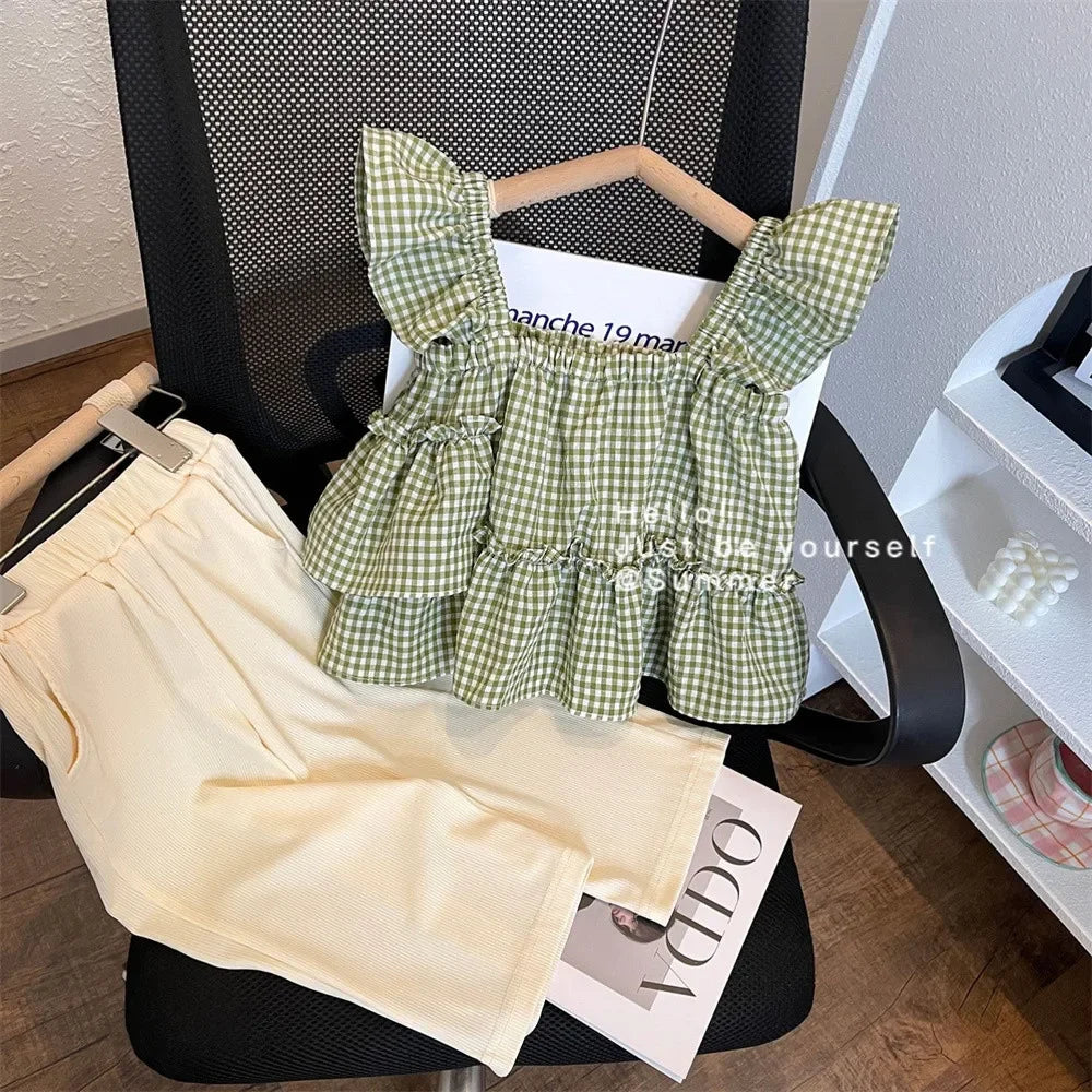 Kids Clothes for 3-7 Years Old Girls Set Baby Plaid Camisole Vest Top + Wide Leg Trousers Two-piece Summer Girls Loose Clothing
