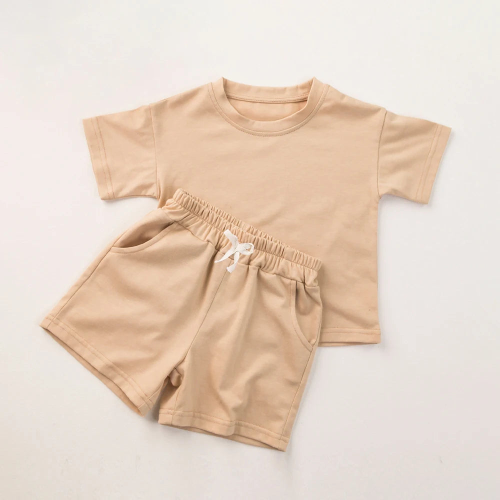 Toddler Boy Girl Casual Outfits Cotton Short Sleeves+Shorts 2pcs Clothes Sets Solid O-neck Baby Boy Clothes 1-6Y Children Suits