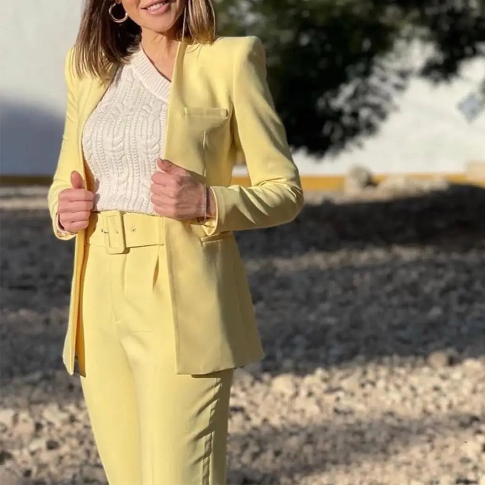 KONDALA Office Lady Beige Women Suits Long Sleeve V Neck Oversized Blazer+High Waist Wide Leg Pants Fashion 2025 Vintage Sets