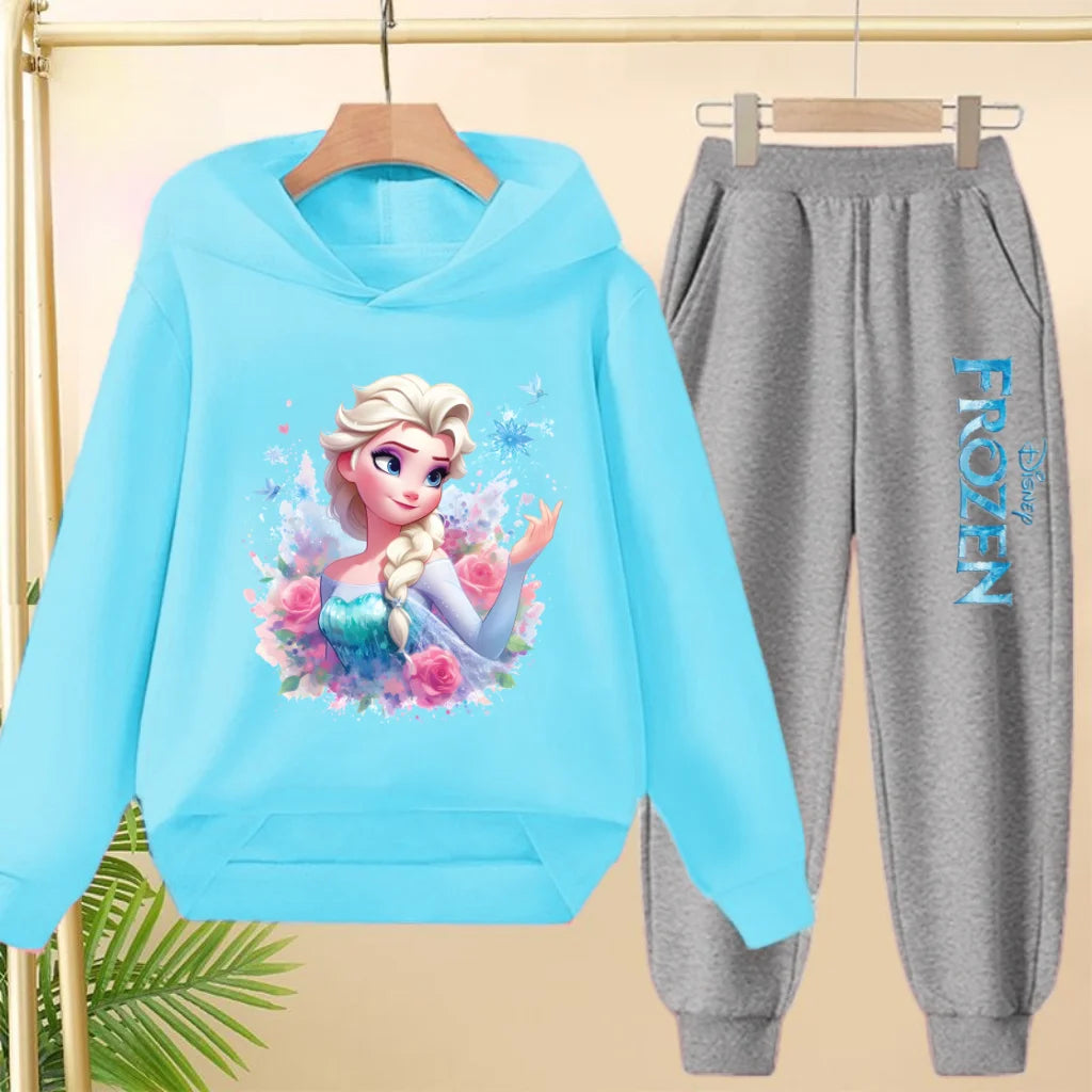 kids Kawaii Elsa Anima Film Pink Hoodies Boys Girls Casual Sweatshirt+Pants 3-12 Years Fashion Top Tracksuit Frozen Set Clothing