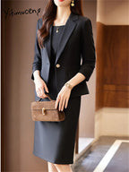 Yitimuceng Solid Suits Set Women 2026 New Fashion Office Ladies Single Button Loose Blazers Slim Elegant Sleeveless Dress Suits