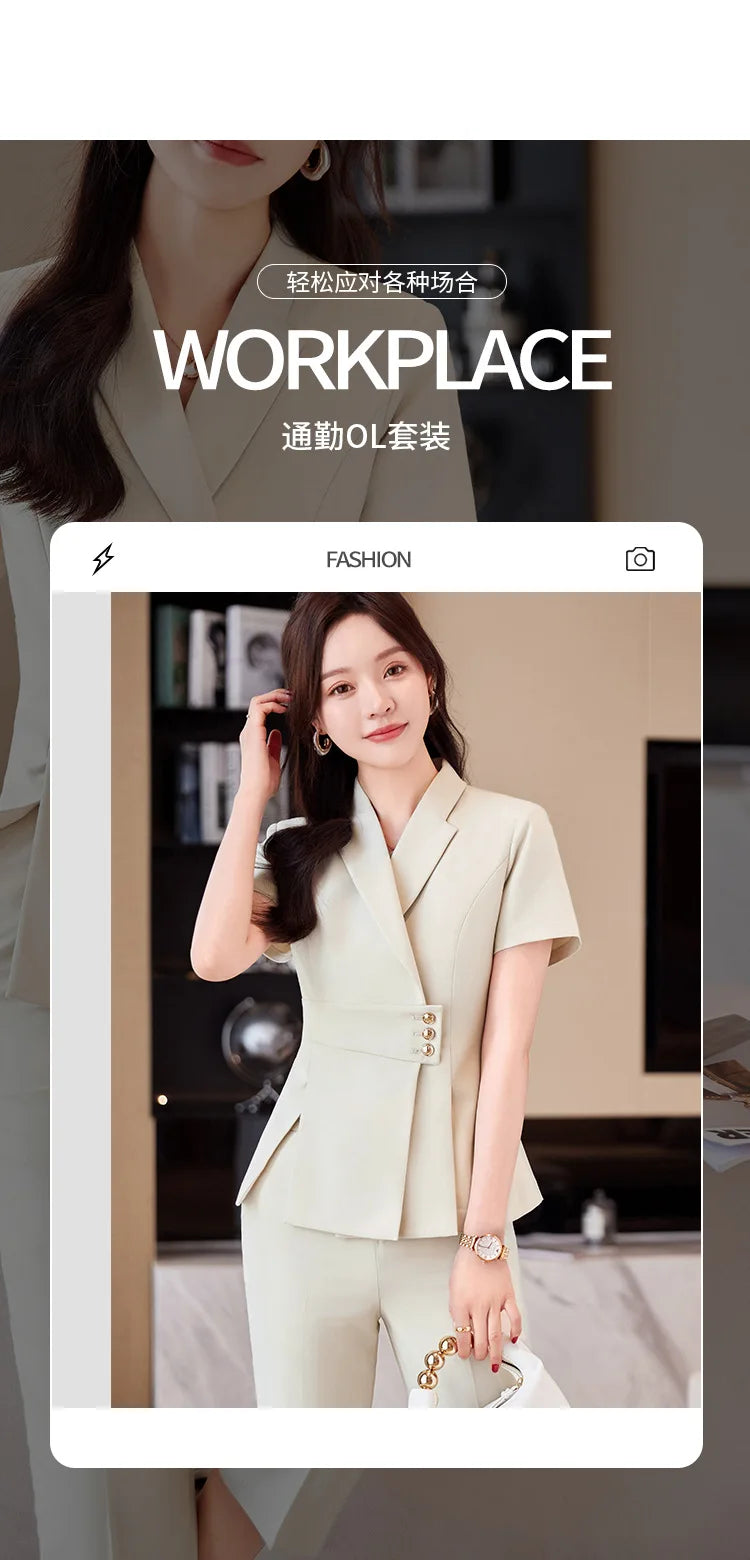 Summer Fabric Professional Women Business Suit with Pants and Jackets Coat Pantsuits Blazers Ladies Work Wear Trousers Set