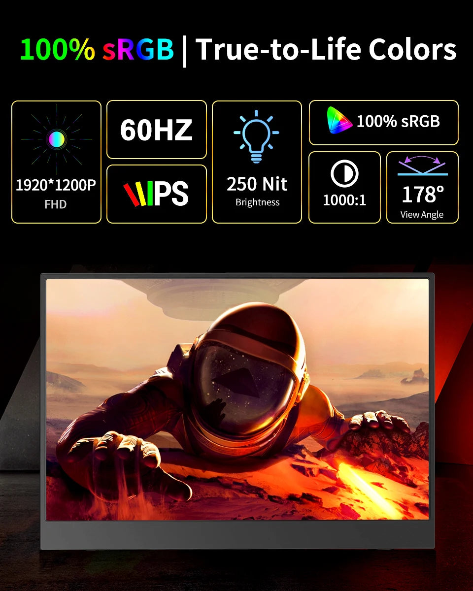 14" Full HD Portable Monitor 100%SRGB 16:10 for Suitable for laptop expansion dual screen solution for Enhanced Productivity