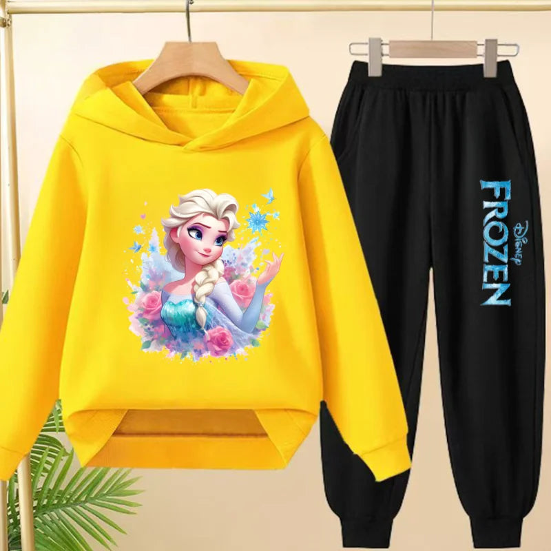 kids Kawaii Elsa Anima Film Pink Hoodies Boys Girls Casual Sweatshirt+Pants 3-12 Years Fashion Top Tracksuit Frozen Set Clothing