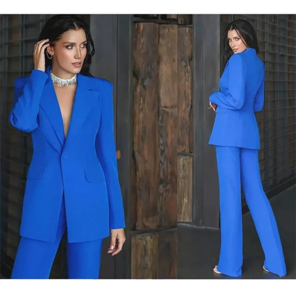 Women Suit 2 Pieces Royal blue Single Button Solid Slim For Wedding Business Work Office Daily Commute Casual Set Blazer+ Pant