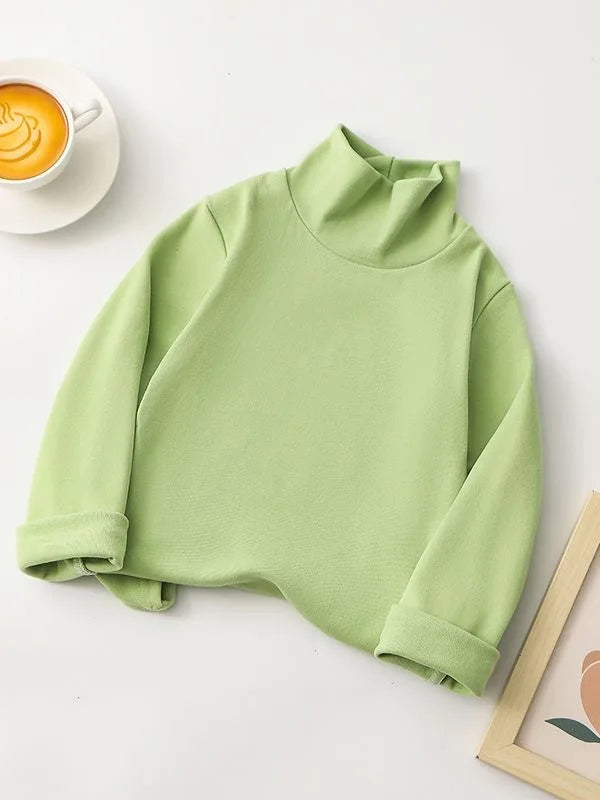 1pcs Children T-Shirt Cute Cartoon Solid Top Baby Korean Clothing Kids Half High Collar Long Sleeve Base Shirt Girls Boys Tshirt