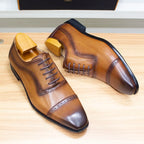 Elegant Men Oxford Shoes Brogue Genuine Leather Black Brown Classic Cap Toe Lace Up Formal Shoes Wedding Office Men Dress Shoes