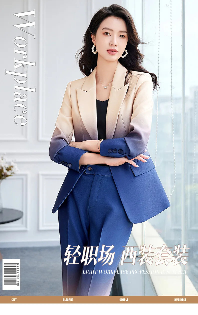 HIGH STREET Newest Fashion 2024 Designer Suit Set Women's Gradient Color Printed Single Button Blazer Flare Pants Suit