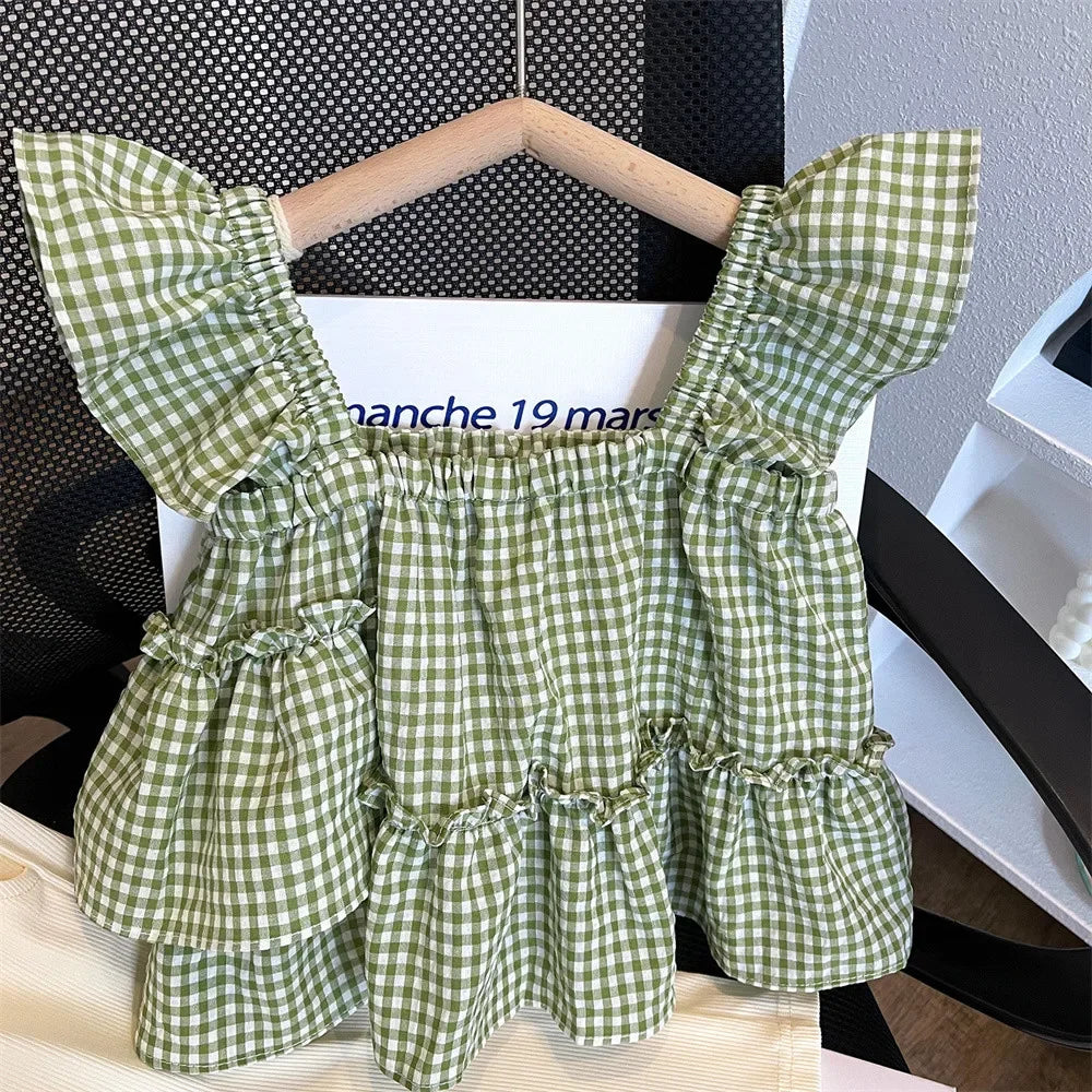 Kids Clothes for 3-7 Years Old Girls Set Baby Plaid Camisole Vest Top + Wide Leg Trousers Two-piece Summer Girls Loose Clothing