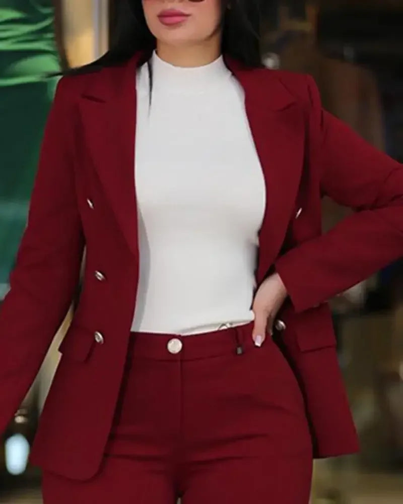 Sets for Women 2 Pieces Autumn Fashion Notched Neck Long Sleeve Blazer & Elegant High Waist Work Pants Set Office Lady