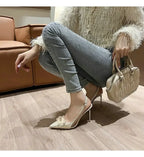 French Bride Gold Wedding Shoes for women Thin Heel Pointed Shallow Mouth Flower Rhinodrill High Heels Bao Head Fashion Sandals