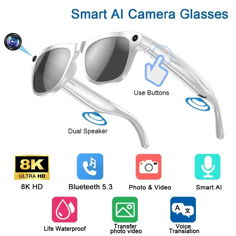 Smart Glasses AI GPT 8K HD Camera Bluetooth Call 260Mah Battery Voice Assistant Translate Identify Objects Smart Glasses
