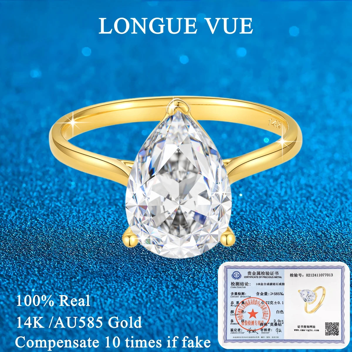Real Gold 14K 2 Carat Pear Cut Moissanite Rings for Woman AU585 Gold Engagement Finger Jewelry Promise Ring Wedding Gift