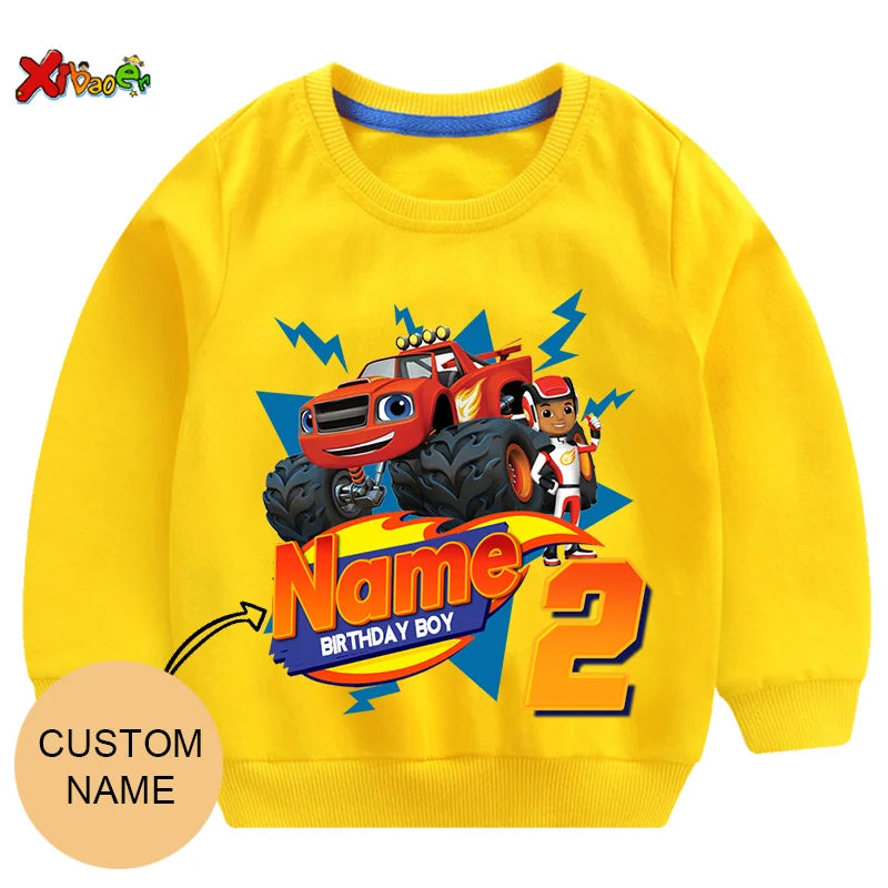 Children Clothes for Boys Sweatshirt Personalized Name Birthday Blaze Shirt Long T Shirt Girl Clothing Kids Toddler Fall Hoodie