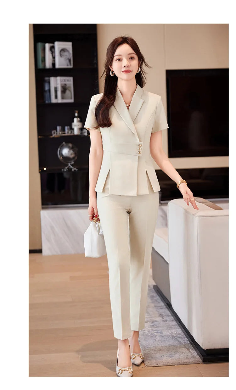 Summer Fabric Professional Women Business Suit with Pants and Jackets Coat Pantsuits Blazers Ladies Work Wear Trousers Set