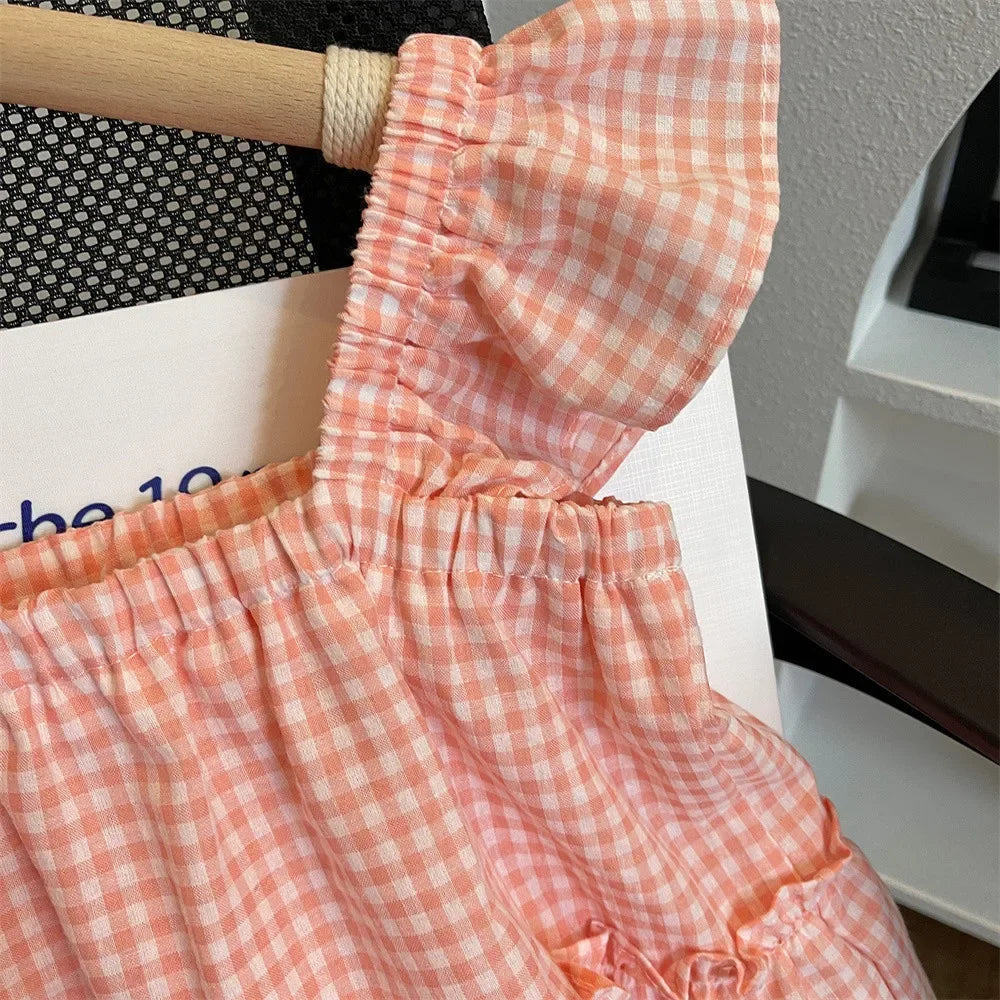Kids Clothes for 3-7 Years Old Girls Set Baby Plaid Camisole Vest Top + Wide Leg Trousers Two-piece Summer Girls Loose Clothing