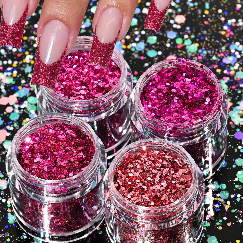 Holographic Glitter set 4 different shines Nail Sequins 10 grams each jar Holographic Cosmetic Festival Chunky Glitters Sequins