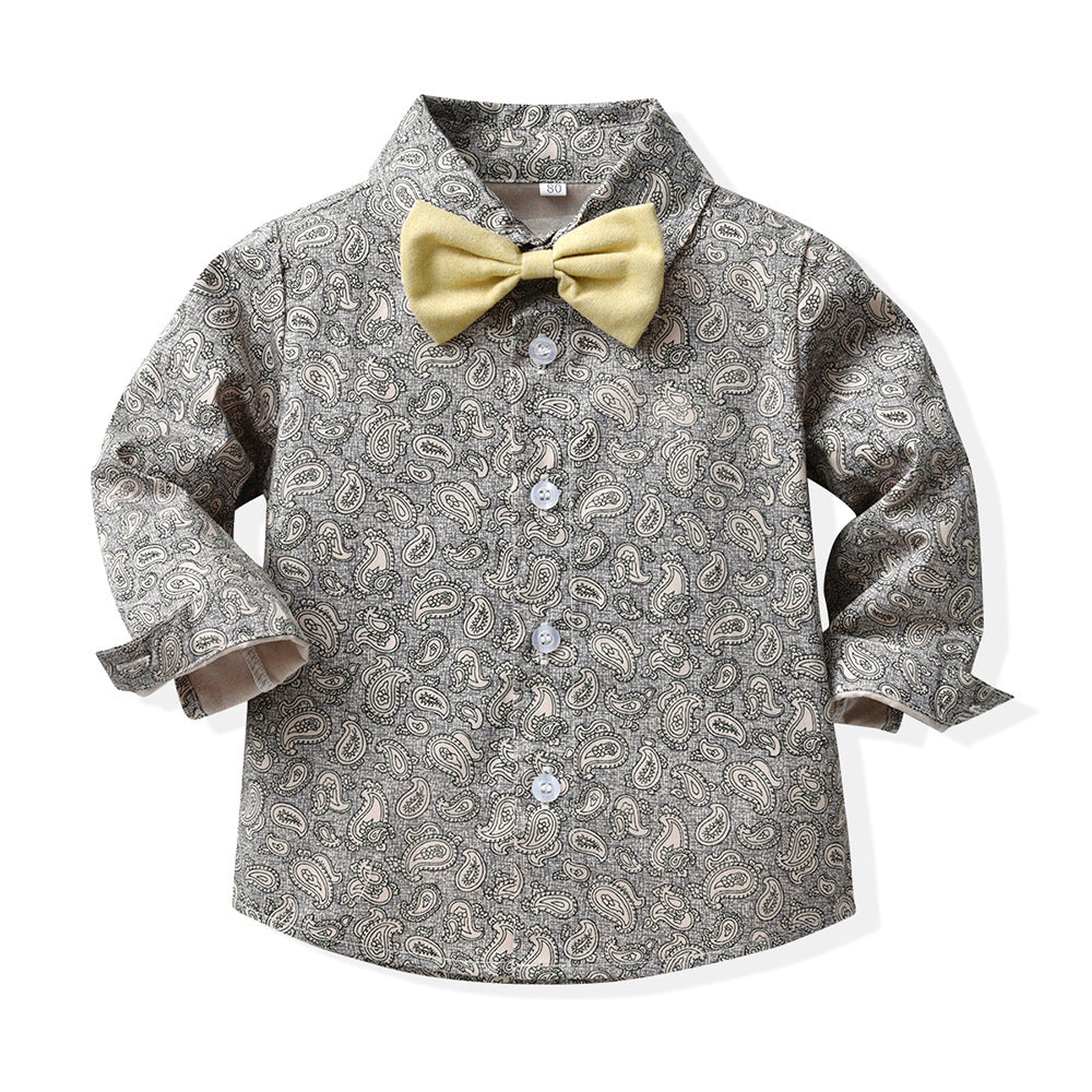 Children's Autumn Boy Suit 70-140cm Flower Shirt and Strap Pants with Vest and Bow Tie Handsome Suit Halloween Orange Color