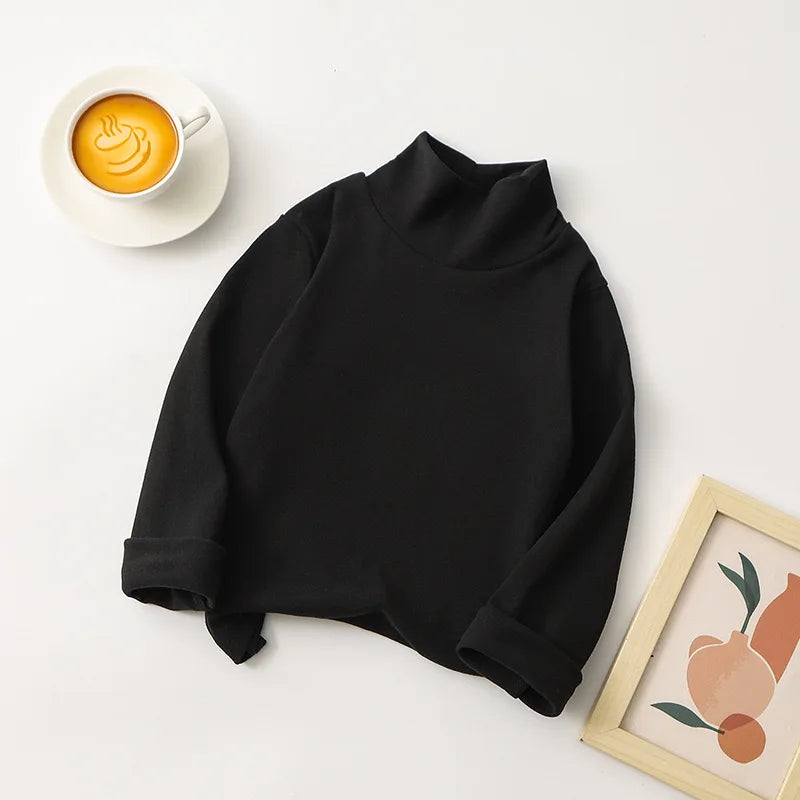 1pcs Children T-Shirt Cute Cartoon Solid Top Baby Korean Clothing Kids Half High Collar Long Sleeve Base Shirt Girls Boys Tshirt