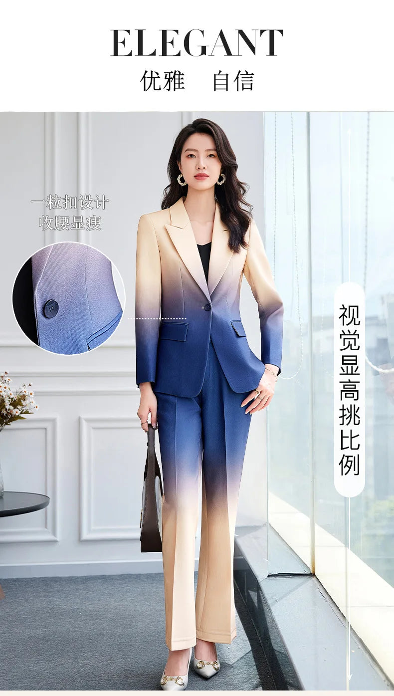 HIGH STREET Newest Fashion 2024 Designer Suit Set Women's Gradient Color Printed Single Button Blazer Flare Pants Suit