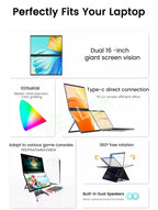 16 Inch 2.5K Dual Screen Portable Monitor 2560*1600P 16:10 100%sRGB With 360° Flip External Screen For PC Laptop Mac Phone PS4/5