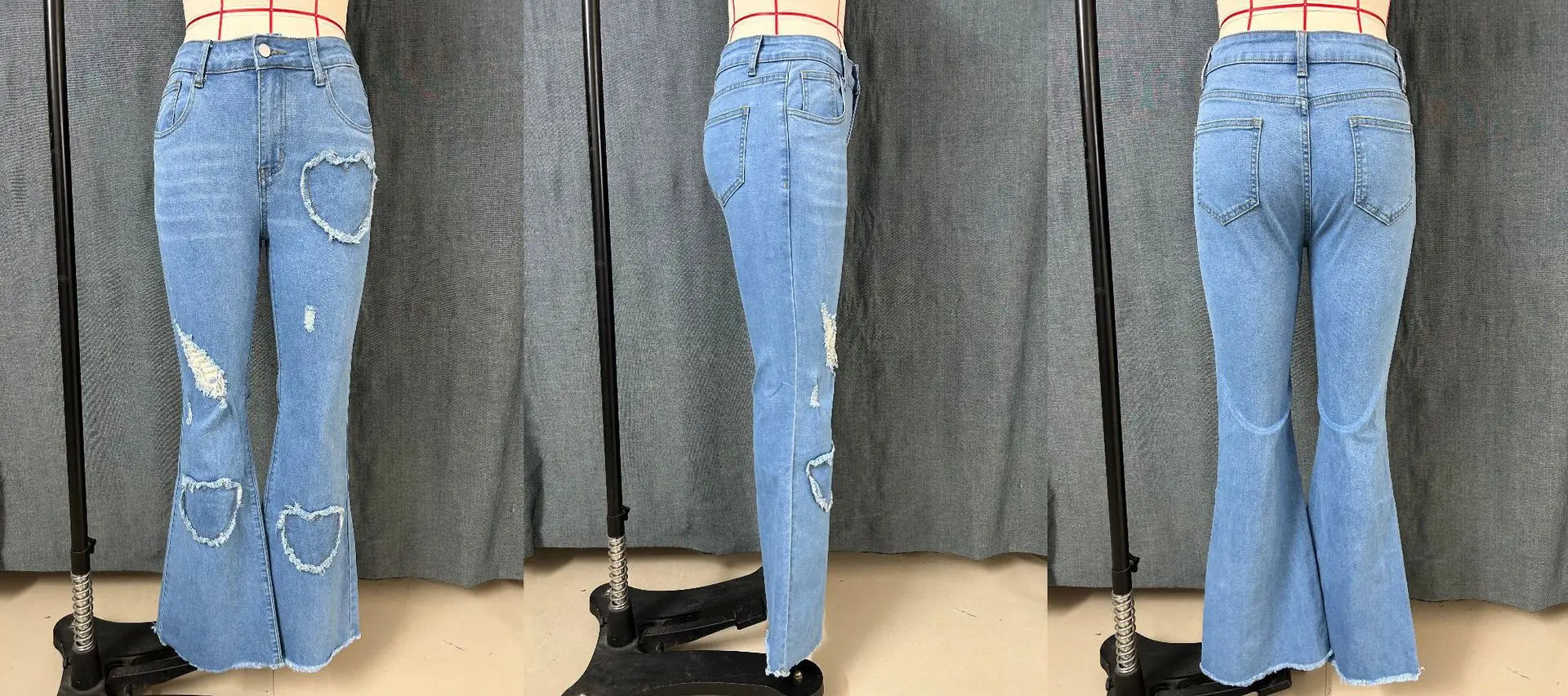 2026 Spring New Arrival Women's Pink Jeans, Blue Heart-Pattern Decorated Stretch Denim Trousers, Fashionable Flared Long Pants.