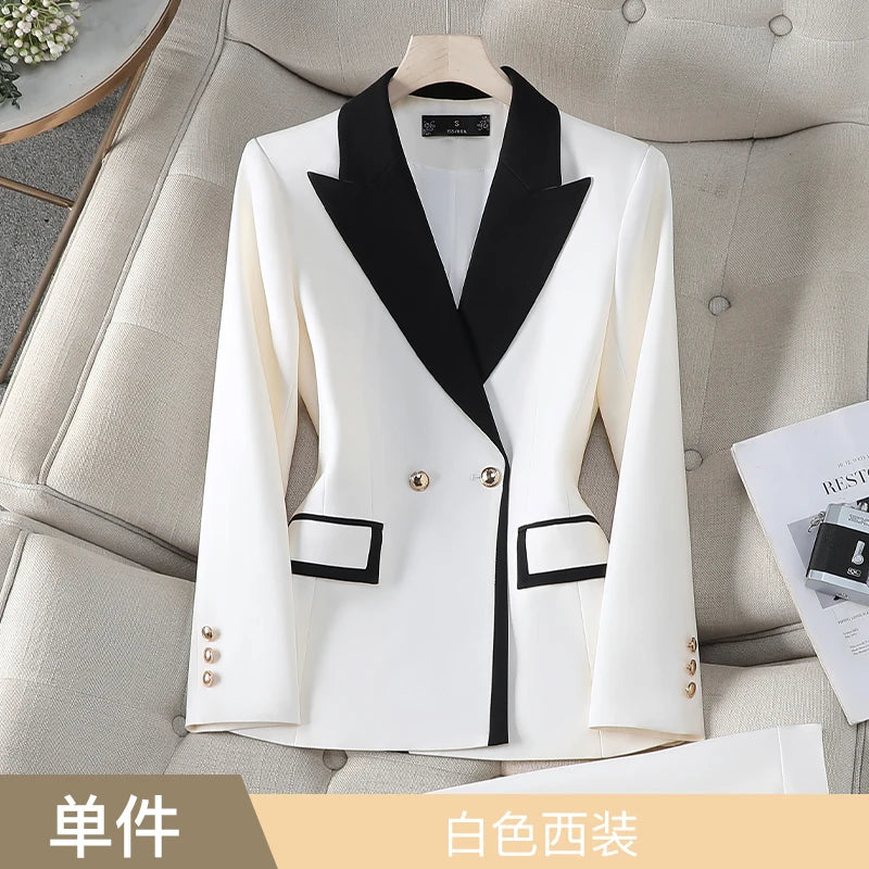 XFPV Office Lady Women Long Sleeves Blazer 2025 Autumn New Contrast Color Double Breasted Notched Loose Blazers Coat Autumn New