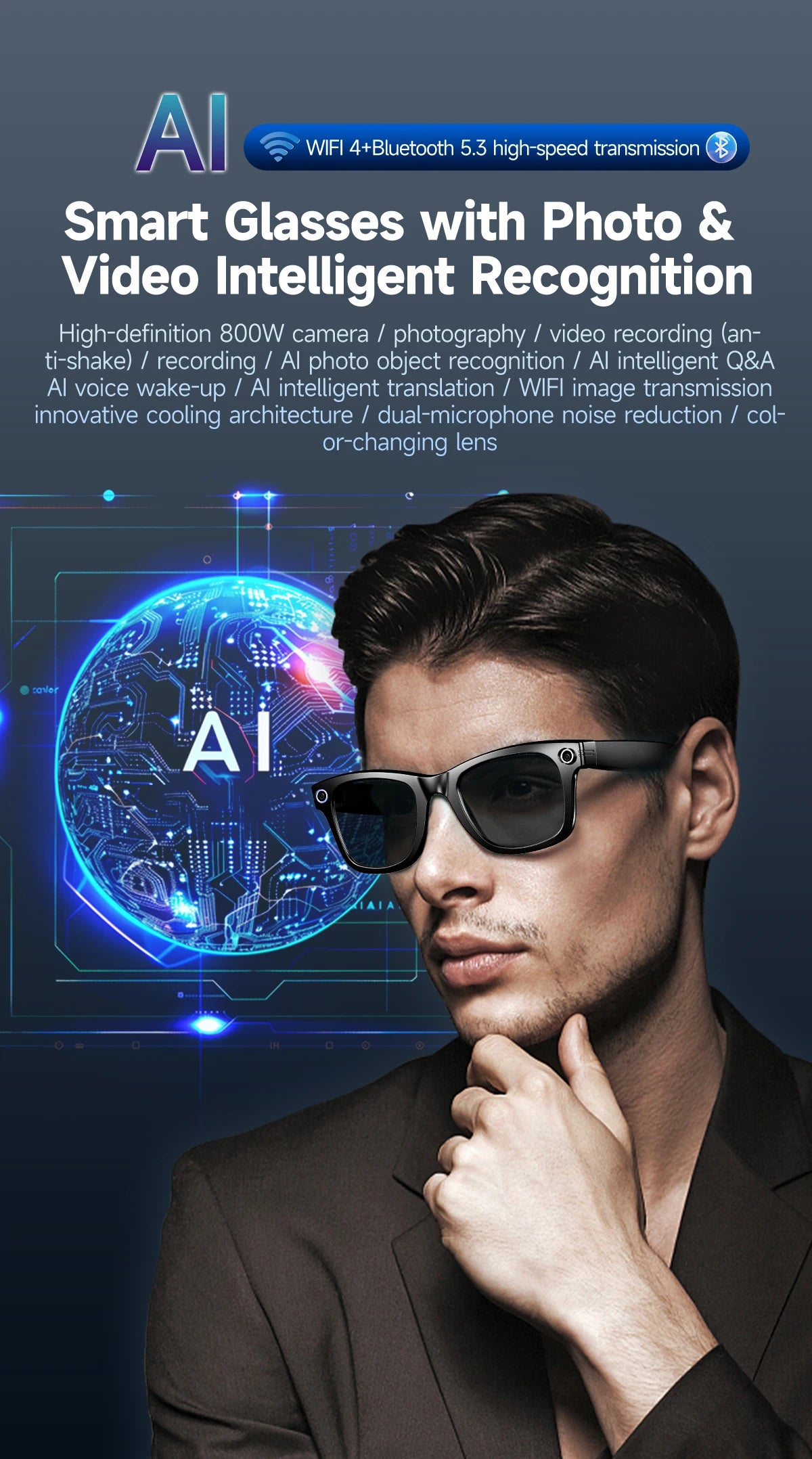 Smart AI Translation Smart Glasses Take Photos Recognizing Objects 4K Camera Bluetooth Music Call Intelligent Recording Glasses
