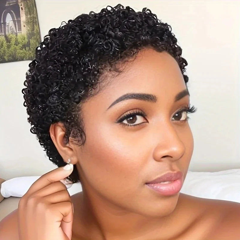 Machine Made Human Hair Wigs for Women Deep Curly Pixie Daily Party Use Remy Wig