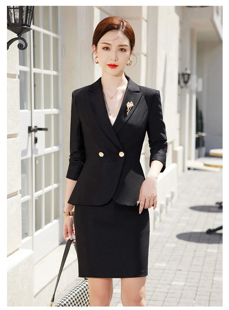 NAVIU Blue Suits Women 2023 New Autumn Professional Long Sleeve Rulffes Slim Blazer And Skirt Sets Office Ladies Work Wear Red