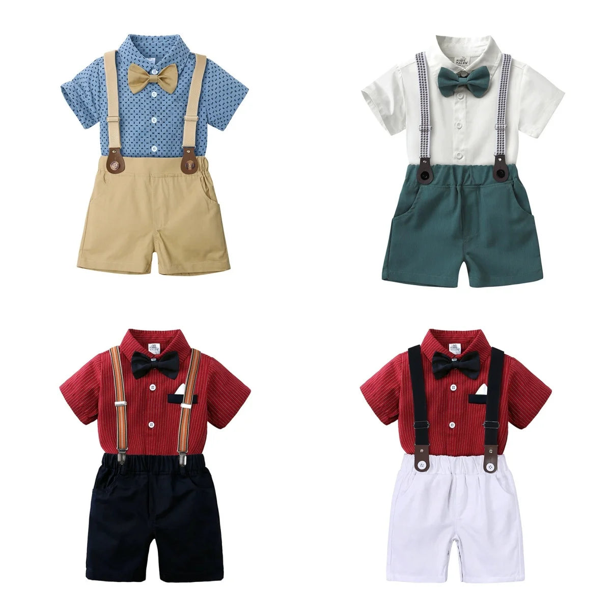 2PCS Baby Infant Boy Clothes Set Print Short  Sleeve with Bow+Shoulder Strap Pant Birthday for Kid 0-10 Years Gentleman Suit