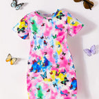 3-14 year old girl butterfly small fresh 3D printed short sleeved dress loose and comfortable party dress