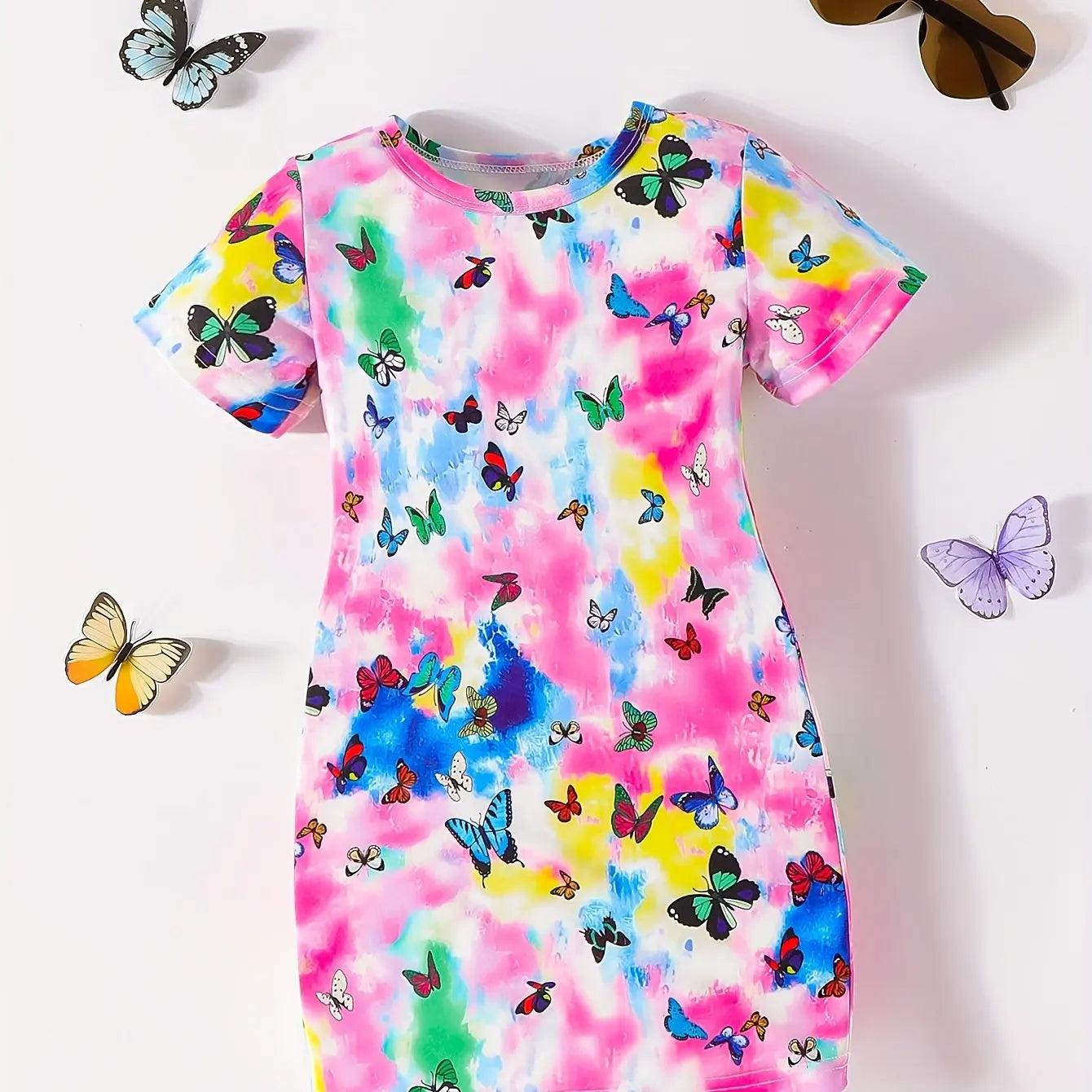 3-14 year old girl butterfly small fresh 3D printed short sleeved dress loose and comfortable party dress