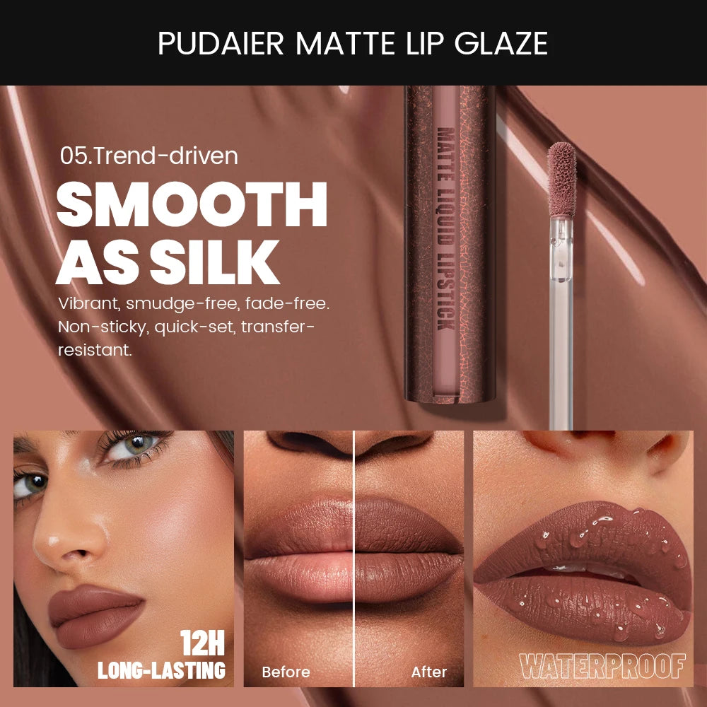 Pudaier Velvet Matte Liquid Lipstick | Waterproof & Transfer-Proof Lip Gloss | Long Lasting Lip Stain (5 Shades) | Kiss Proof, N