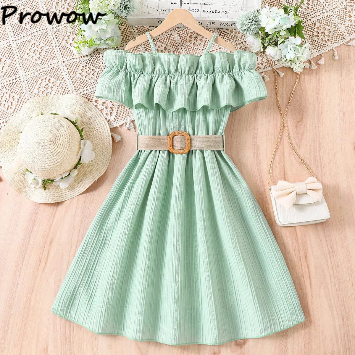 Prowow Girls Party Dresses With Belt 2pcs Trendy Ruffles Off Shoulder Dress For Girls Kids Clothes Teenagers Dresses Girls