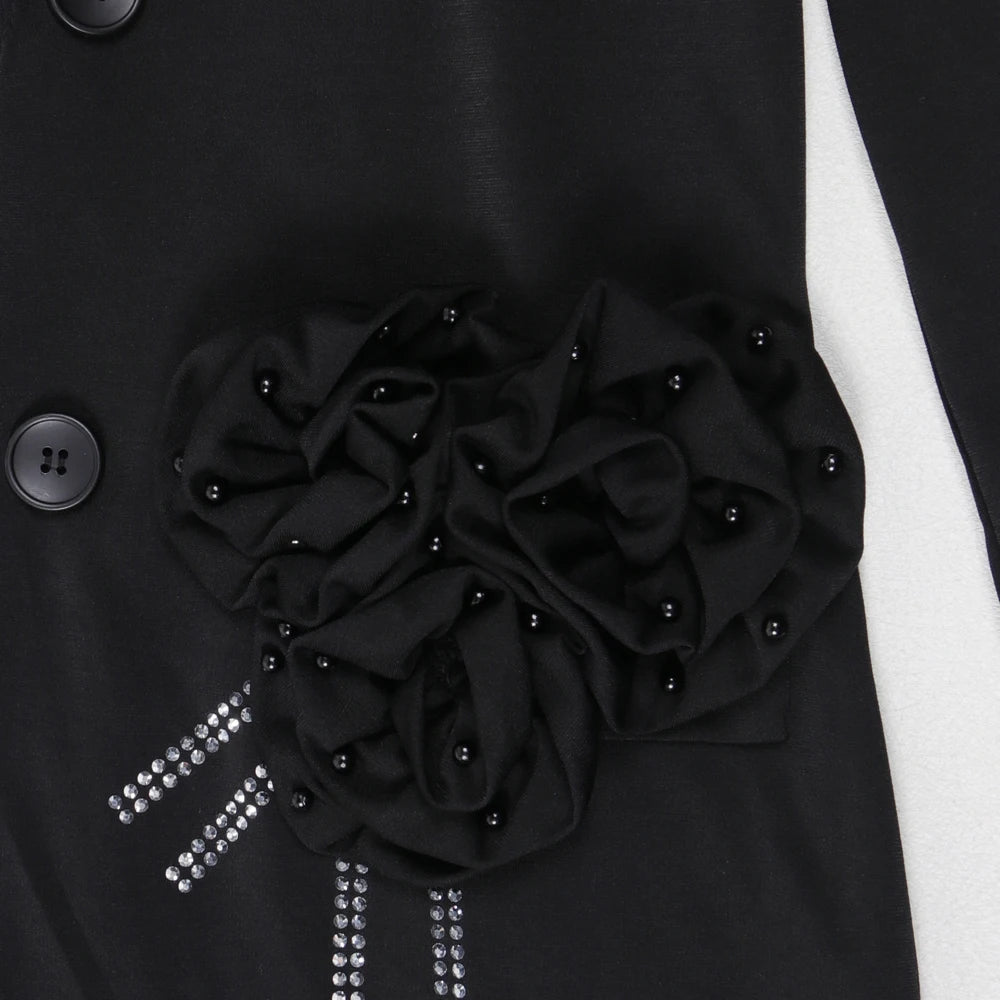 Women Dress 2 Piece Blazer Set Elegant Rhinestone 3D Flower Long Sleeve Coat Bodycon Midi Slip Dress Church Suit for Office Wear