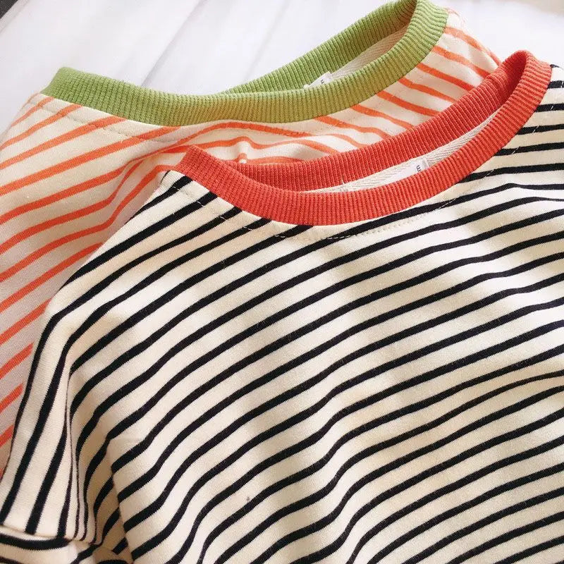 Boys and Girls T-shirt Long Sleeved Children's Base Shirt Spring and Autumn Pure Cotton Casual Versatile Striped Baby Top