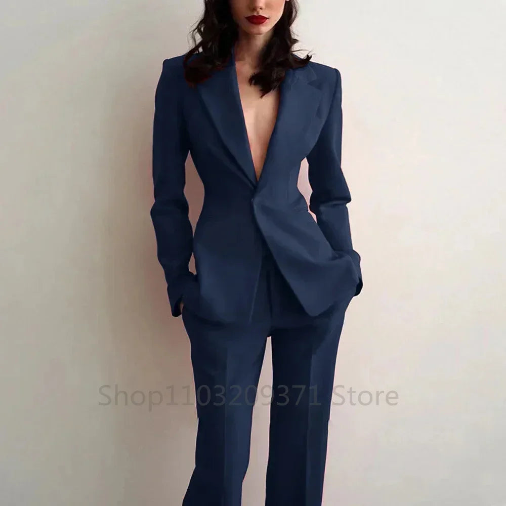 Women Suit 2 Pieces Royal blue Single Button Solid Slim For Wedding Business Work Office Daily Commute Casual Set Blazer+ Pant