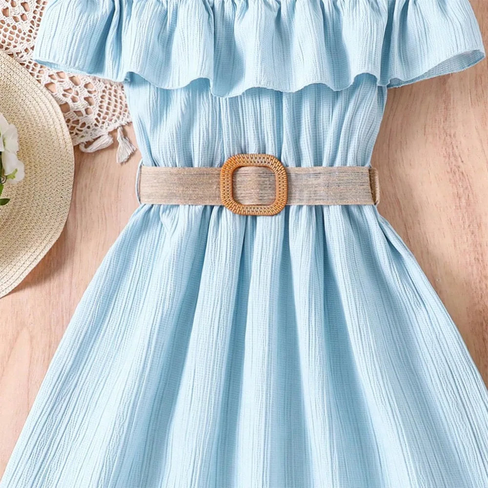 Prowow Girls Party Dresses With Belt 2pcs Trendy Ruffles Off Shoulder Dress For Girls Kids Clothes Teenagers Dresses Girls